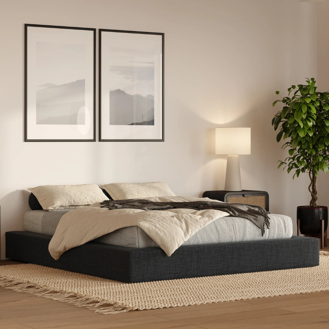 SoftFrame Designs | Cloud bed frame| All cushioned bed frame| Charcoal| Dark gray| angle view| Upholstered bed| 