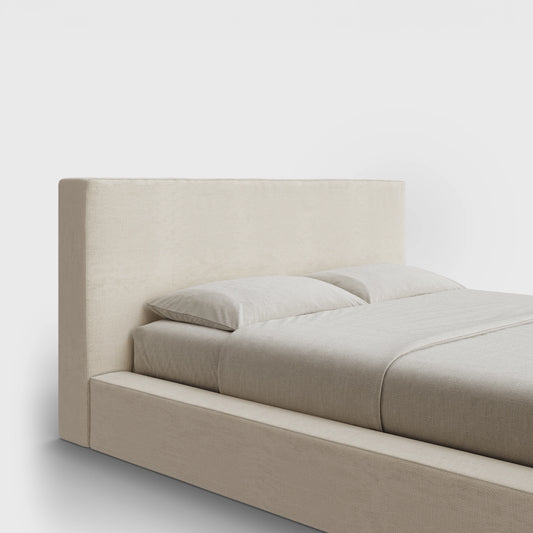 Ultra Headboard | Fully Cushioned Rectangular Headboard | Light Beige Dune Fabric | ¾ View | SoftFrame Designs