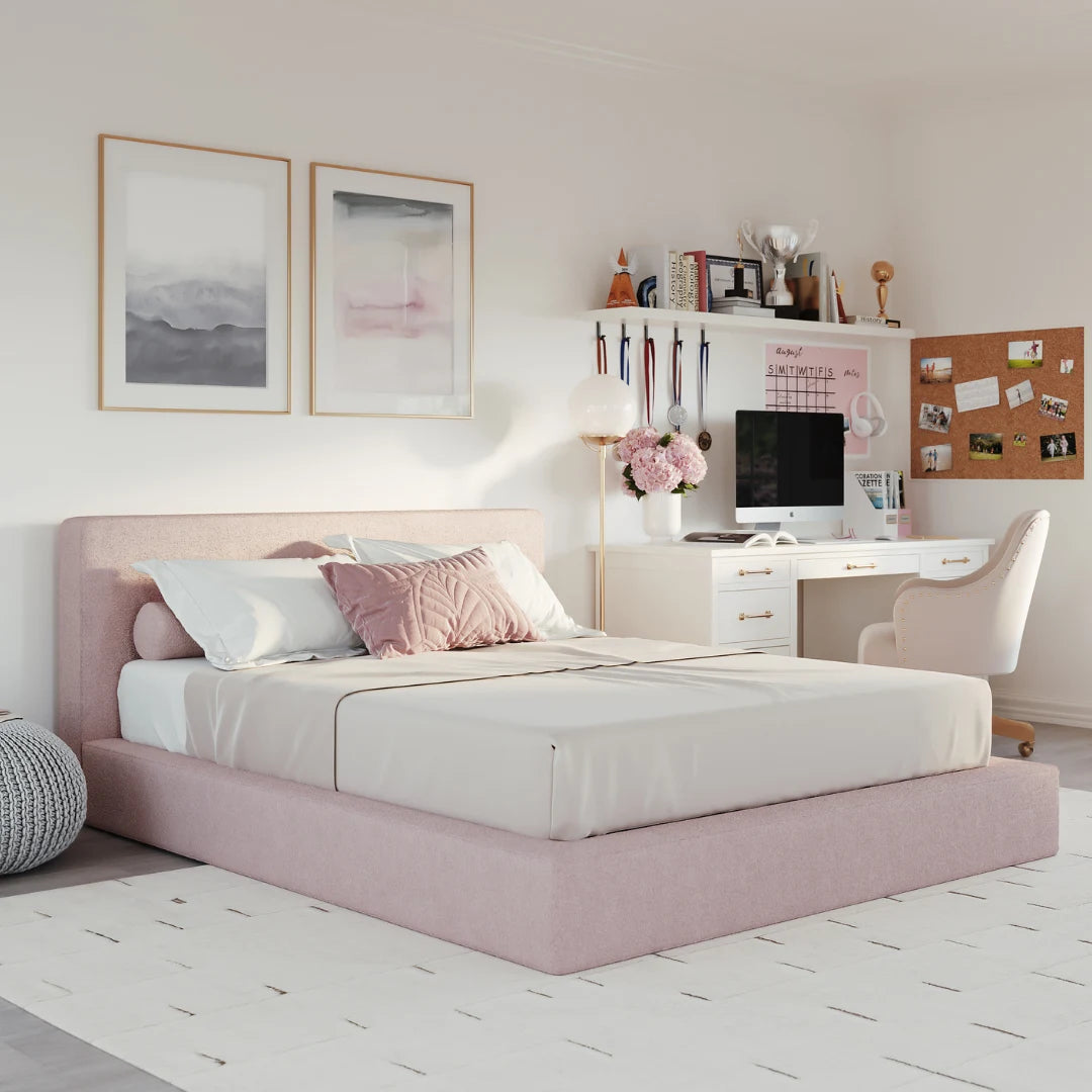 Pink cloud bed | Ultra set, Queen, Cotton Candy pink, 3/4 view | SoftFrame Designs