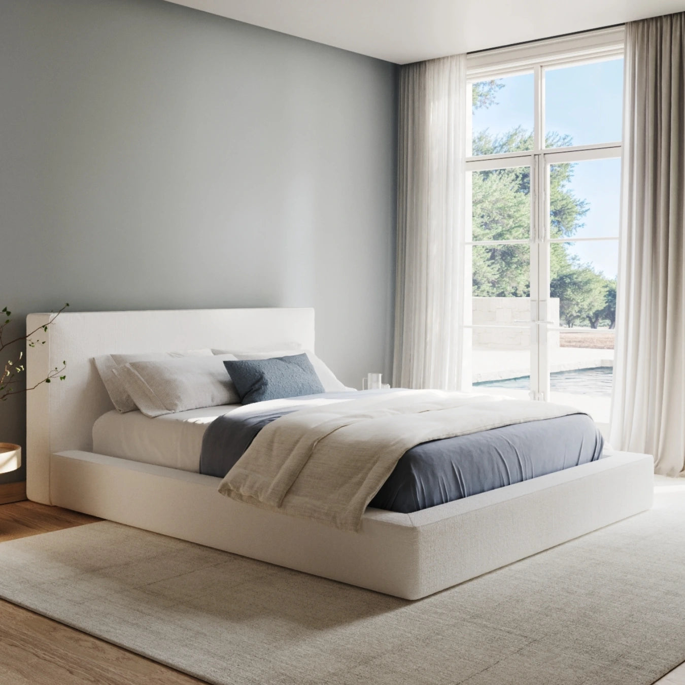 All cushioned bed frame| SoftFrame Designs| Ultra set in White| Front view angle|