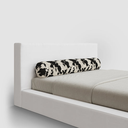 Round Bolster Pillow | Zippered Cover | Vegan Cowhide Fabric | ¾ View | SoftFrame Designs
