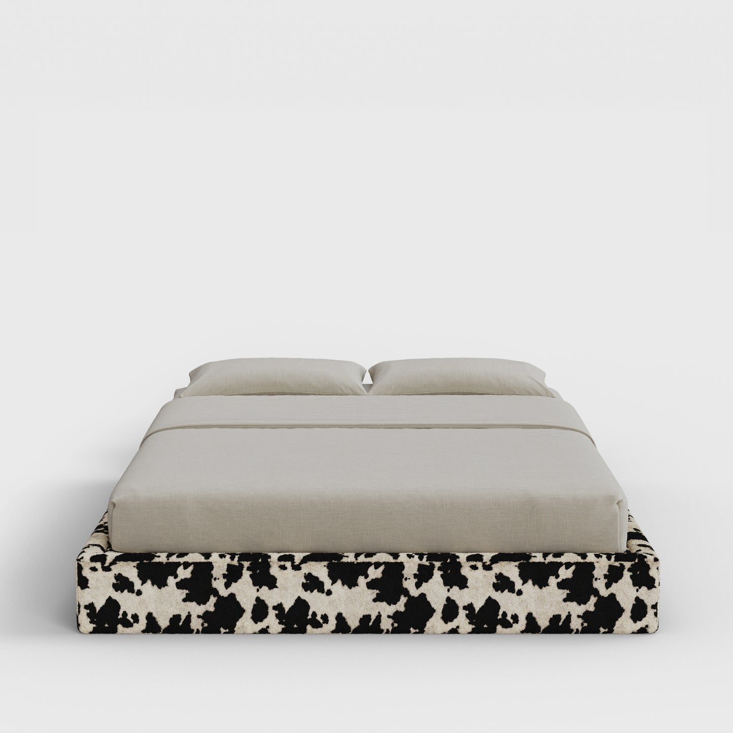 Classic Bed Frame | Fully Cushioned with Slim Rectangular Sides |  Vegan Cow Hide Fabric | Front View | SoftFrame Designs