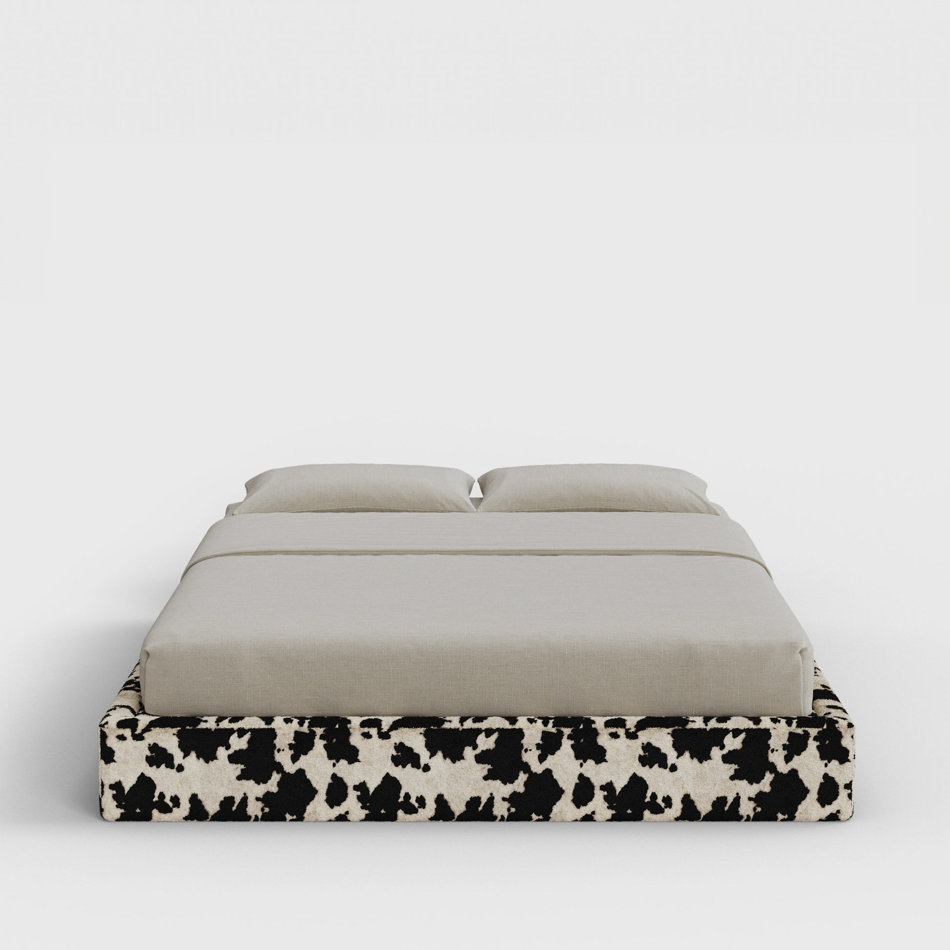 Classic Bed Frame | Fully Cushioned with Slim Rectangular Sides |  Vegan Cow Hide Fabric | Front View | SoftFrame Designs