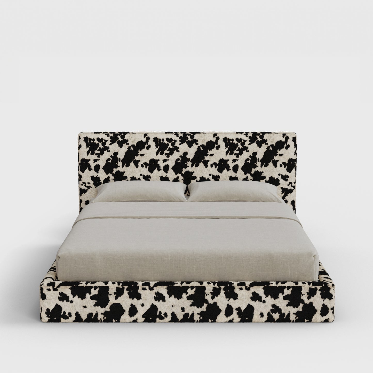 Classic Bed Frame Set | Fully Cushioned with Slim Rectangular Sides | Vegan Cow Hide Fabric | Front View | SoftFrame Designs