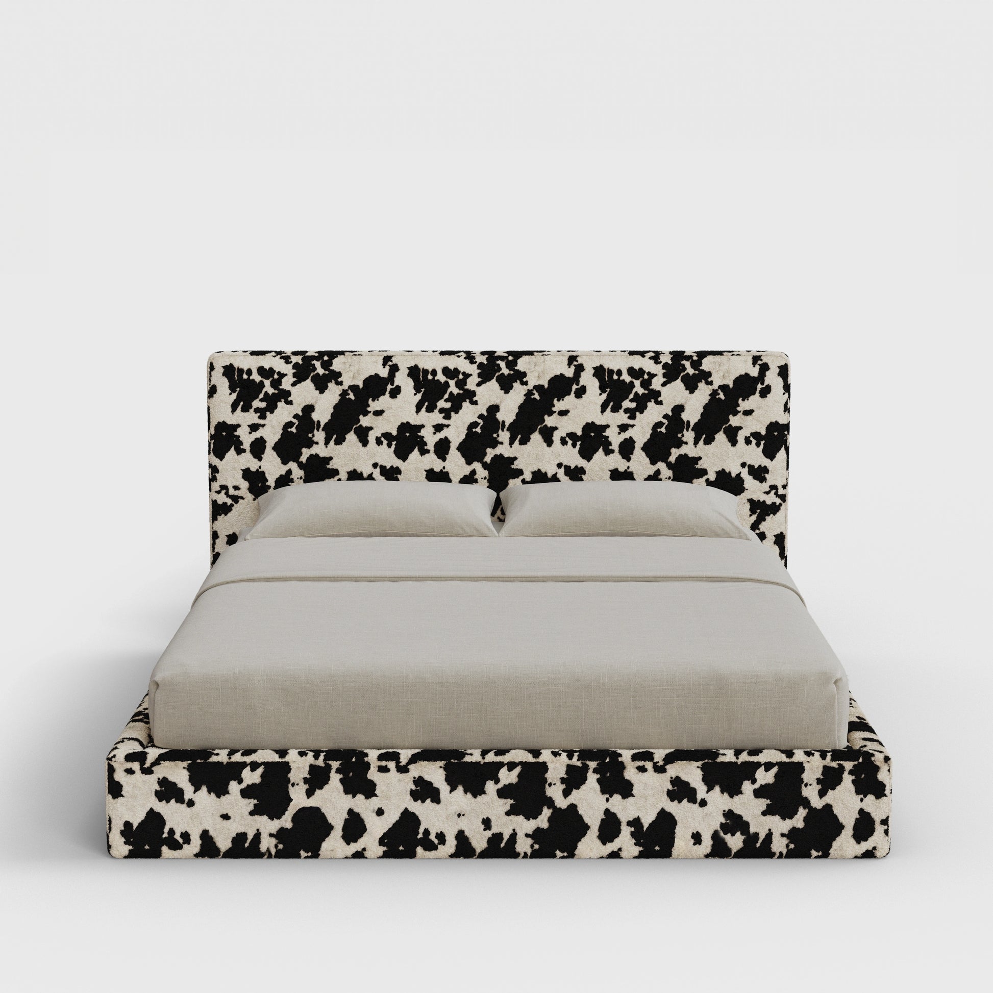 Classic Bed Frame Set | Fully Cushioned with Slim Rectangular Sides | Vegan Cow Hide Fabric | Front View | SoftFrame Designs