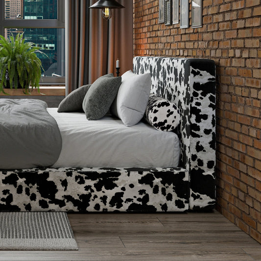 SoftFrame Designs | Cloud bed| All cushioned Headboard| Vegan Cowhide | Black and white| side view| Upholstered bed|