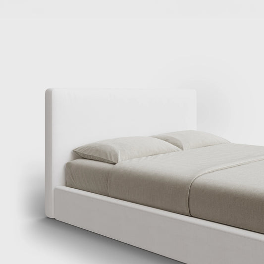 Classic Headboard | Fully Cushioned  Slim Rectangular Headboard |  Pure White Fabric | ¾ View | SoftFrame Designs