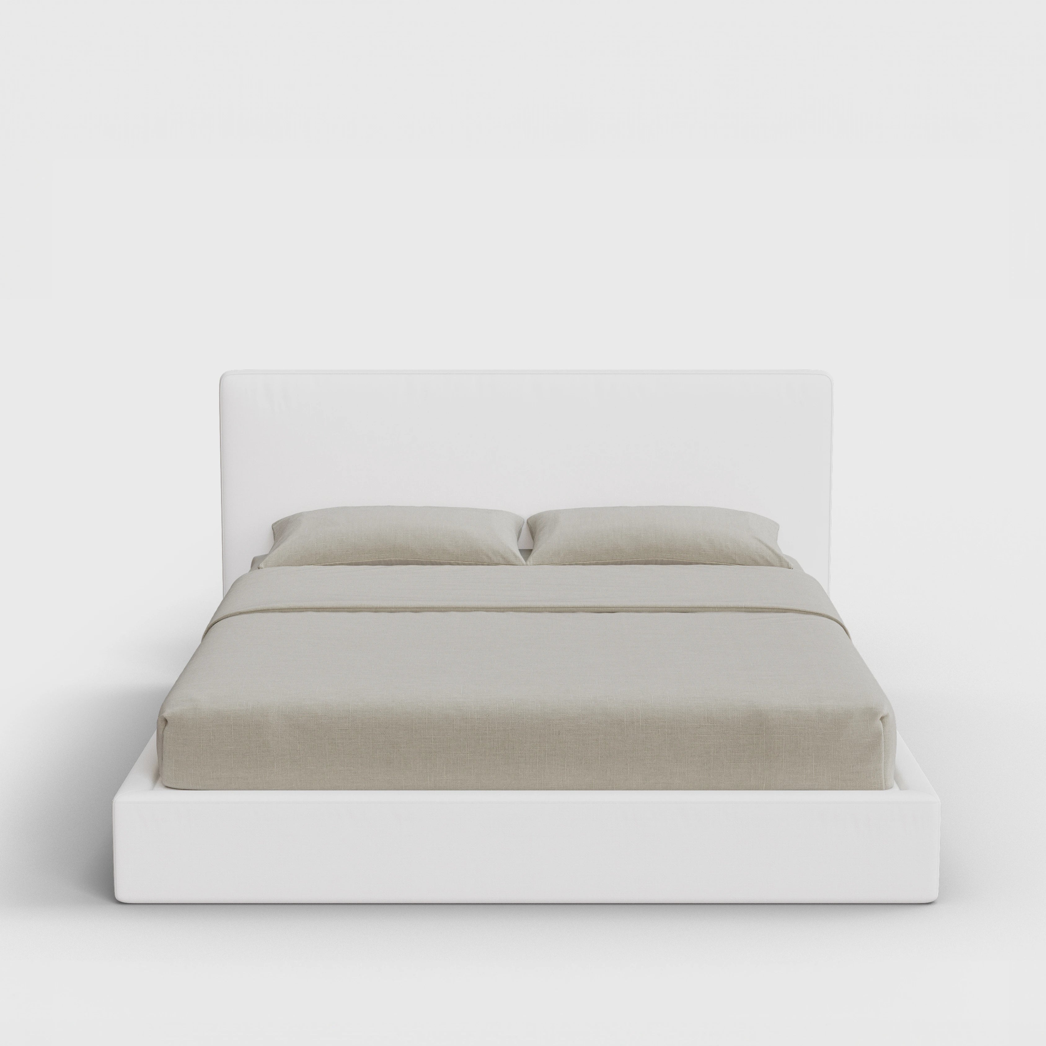 Classic Bed Frame Set | Fully Cushioned with Slim Rectangular Sides | Pure White Fabric | Front View | SoftFrame Designs
