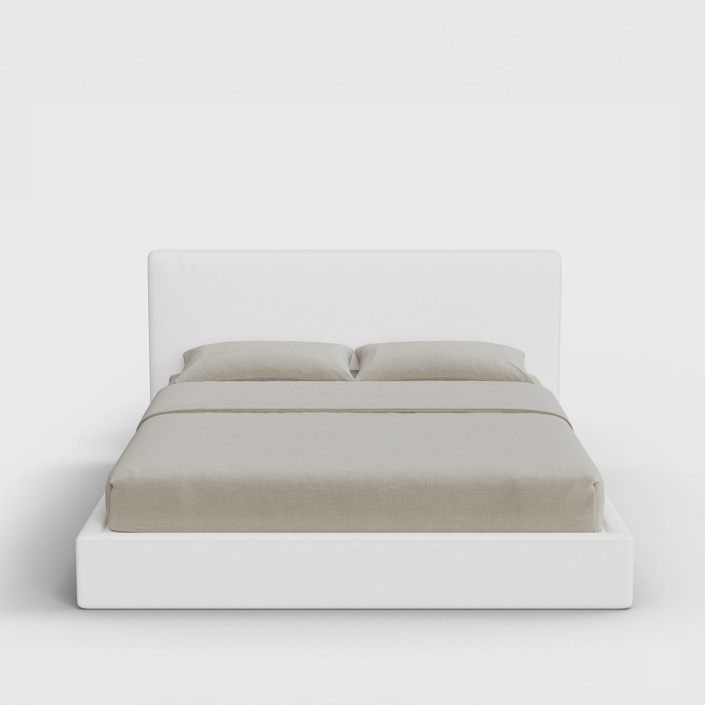 Classic Bed Frame Set | Fully Cushioned with Slim Rectangular Sides | Pure White Fabric | Front View | SoftFrame Designs