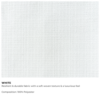 White fabric swatch with description