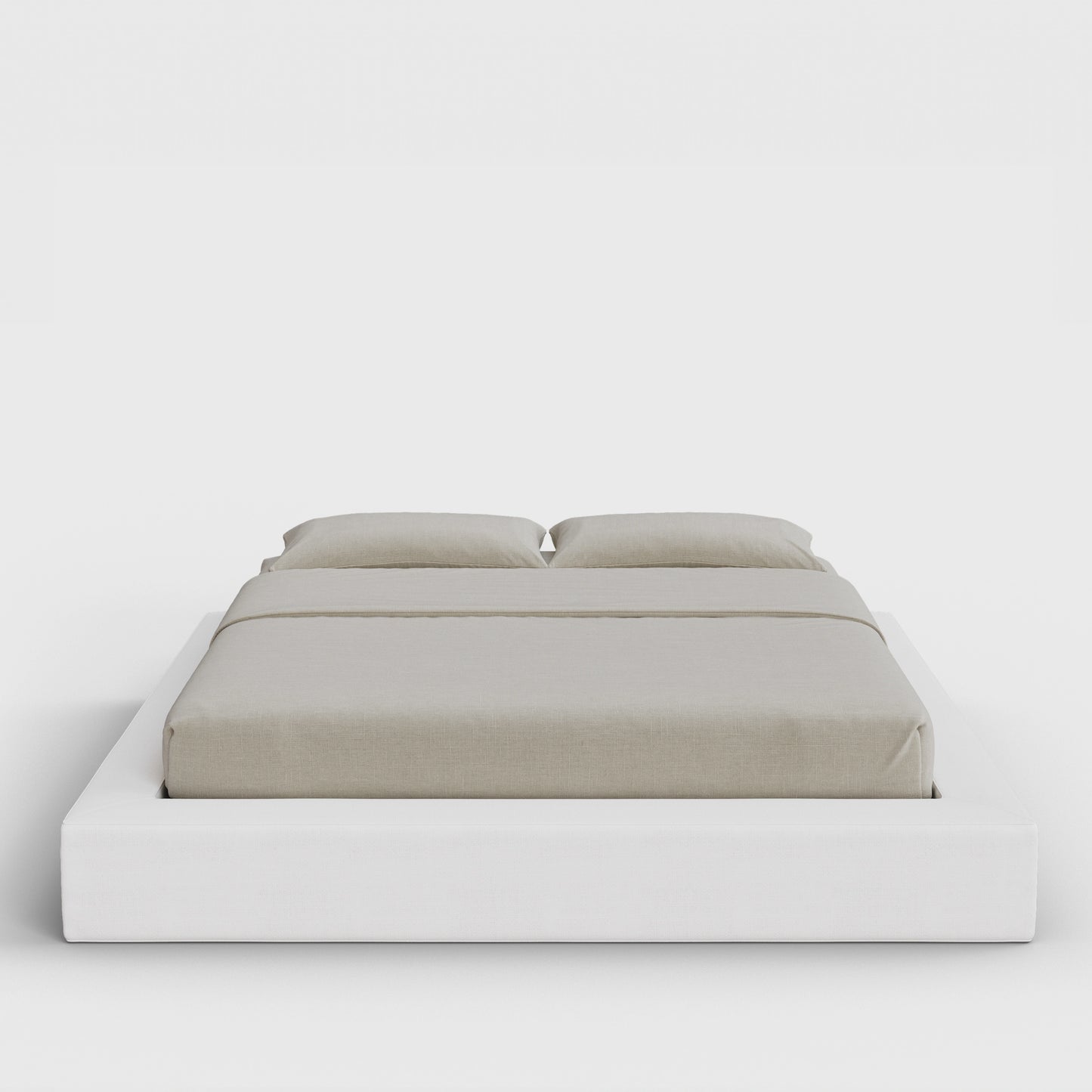 Ultra Bed Frame | Fully Cushioned with Rectangular Sides |  Pure White Fabric | Front View | SoftFrame Designs