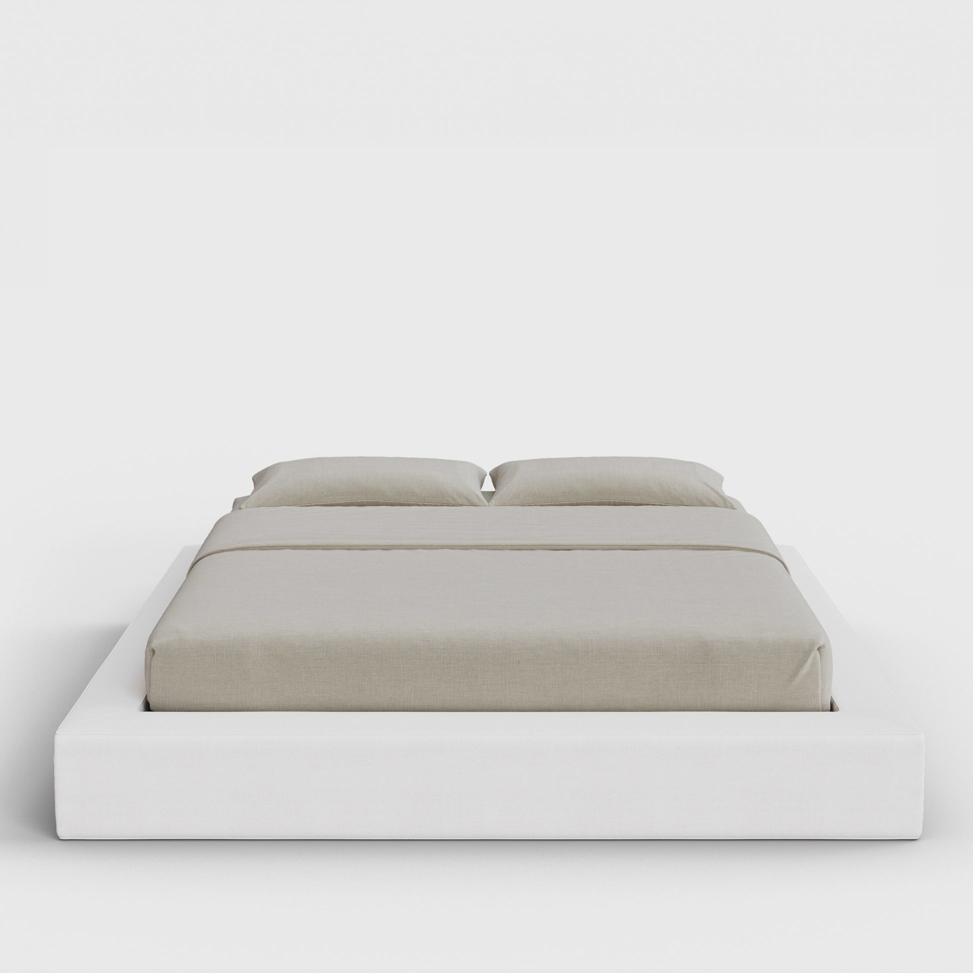 Ultra Bed Frame | Fully Cushioned with Rectangular Sides |  Pure White Fabric | Front View | SoftFrame Designs