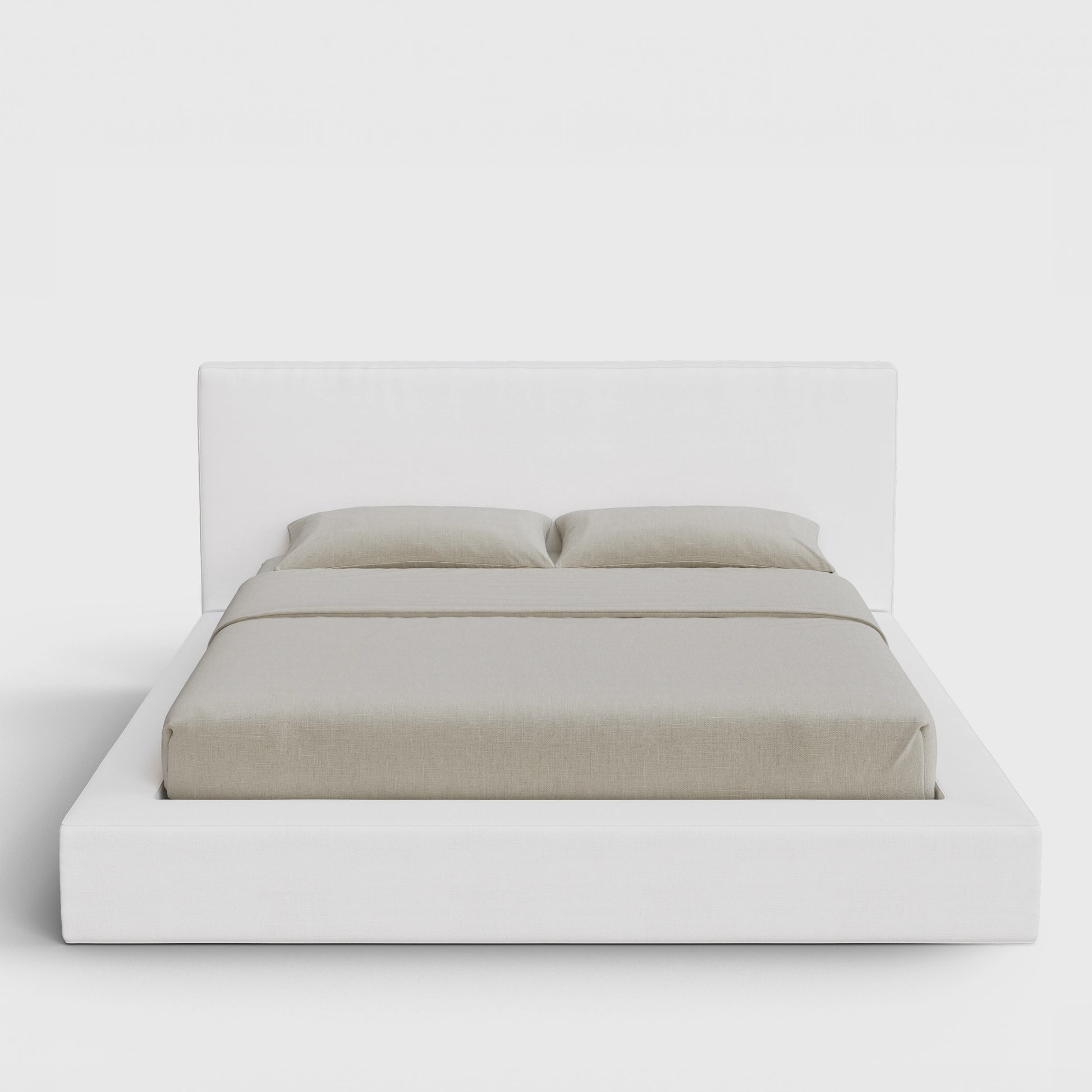 Ultra Bed Frame Set | Fully Cushioned with Rectangular Sides |  Pure White Fabric | Front View | SoftFrame Designs