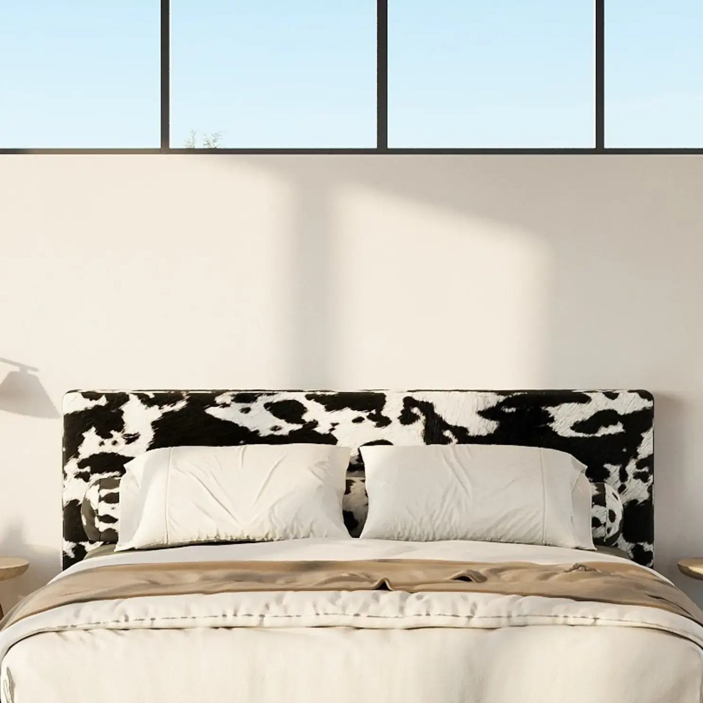 Bed with cow print headboard and white bedding in a bright room | Classic Headboard in Vegan Cowhide | SoftFrame Designs