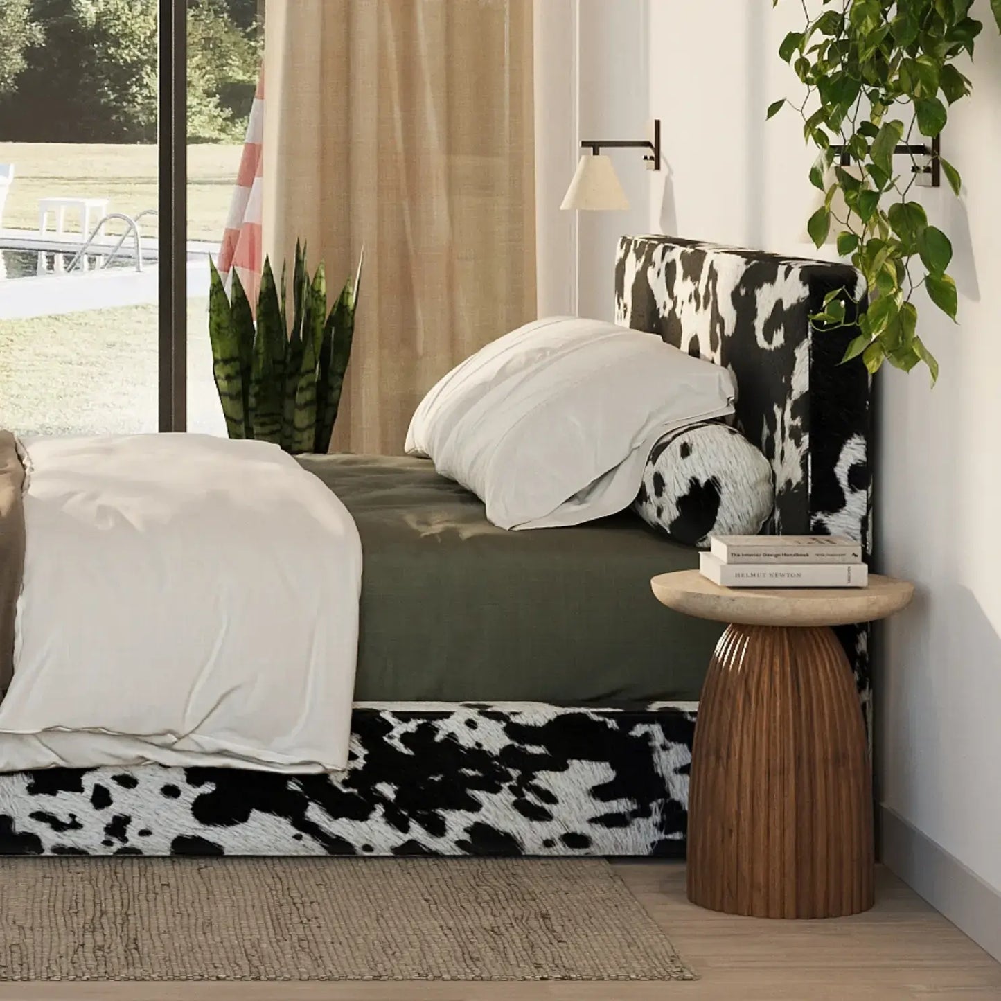 Modern bedroom with cow print bed and side table | Classic Headboard in Vegan Cowhide | SoftFrame Designs