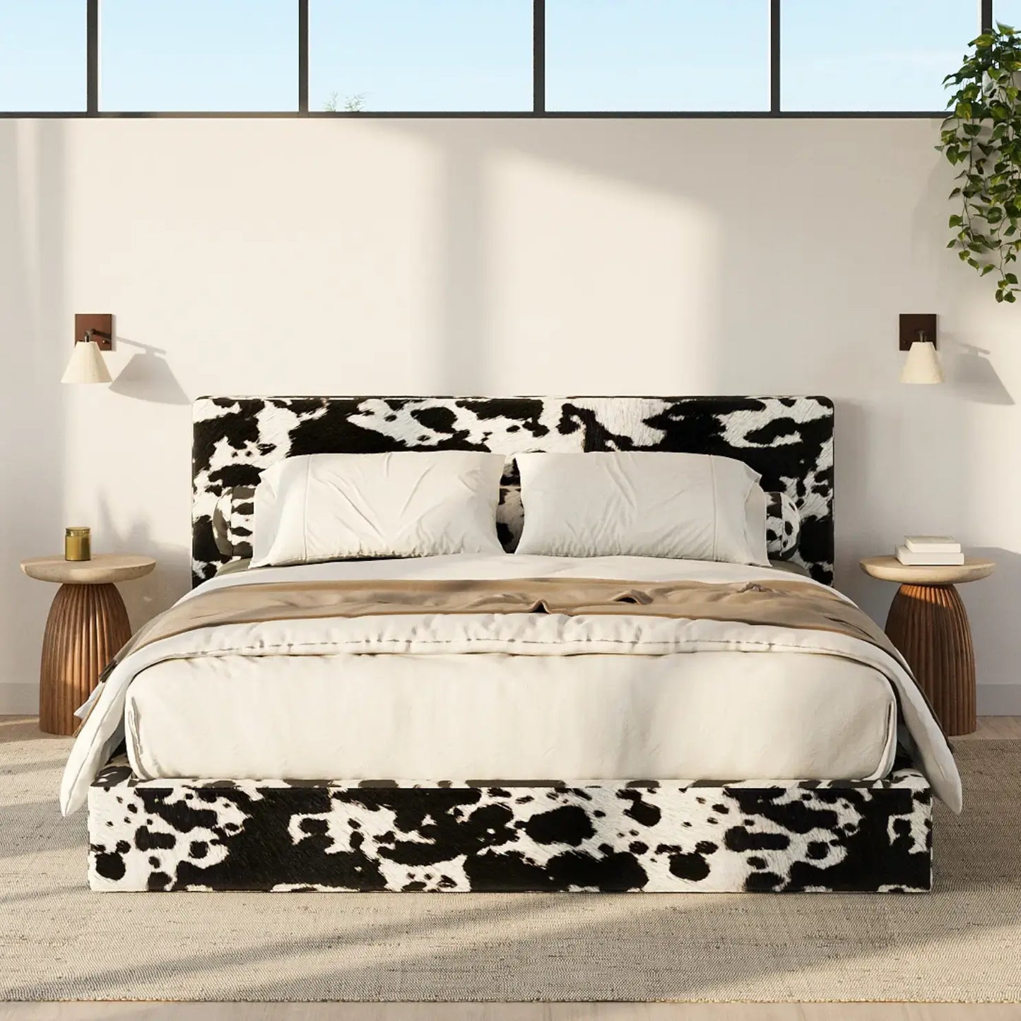 Bed with black and white cow print headboard and footboard in a modern bedroom setting | Classic Bed Set in Vegan Cowhide | SoftFrame Designs