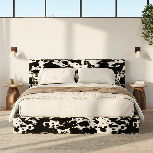Bed with black and white cow print headboard and footboard in a modern bedroom setting | Classic Bed Set in Vegan Cowhide | SoftFrame Designs