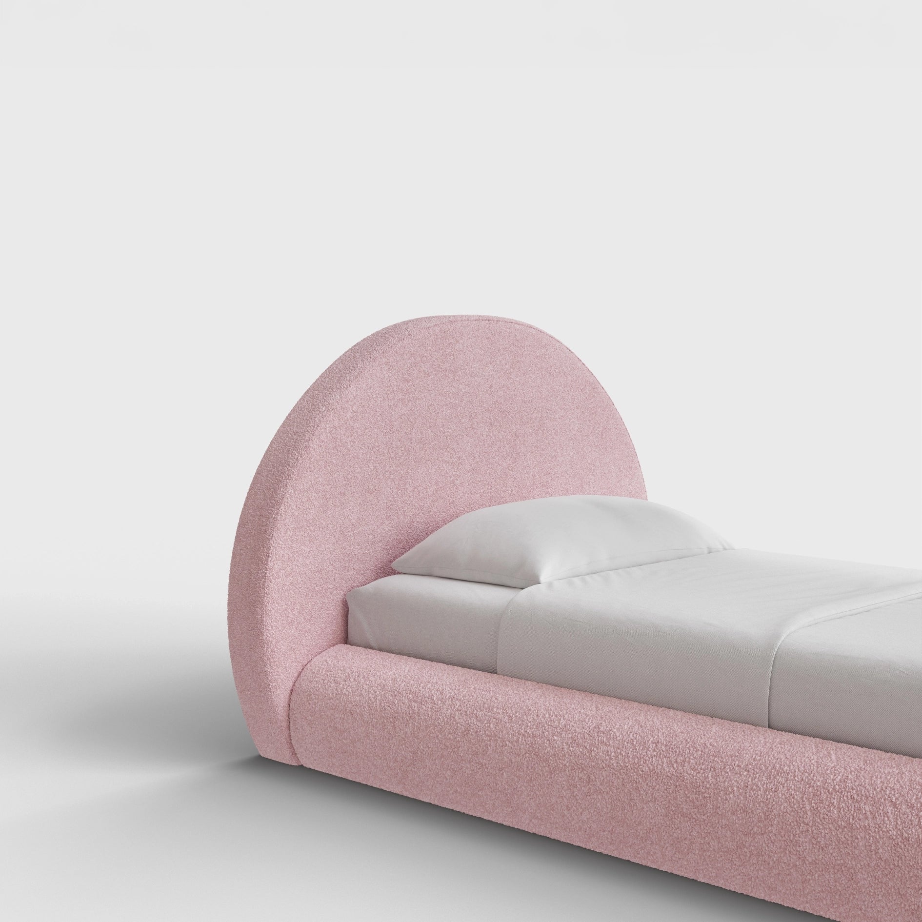 Luna Headboard | Fully Cushioned Rounded Headboard |  Pink Cotton Candy Boucle Fabric | ¾ View | SoftFrame Designs