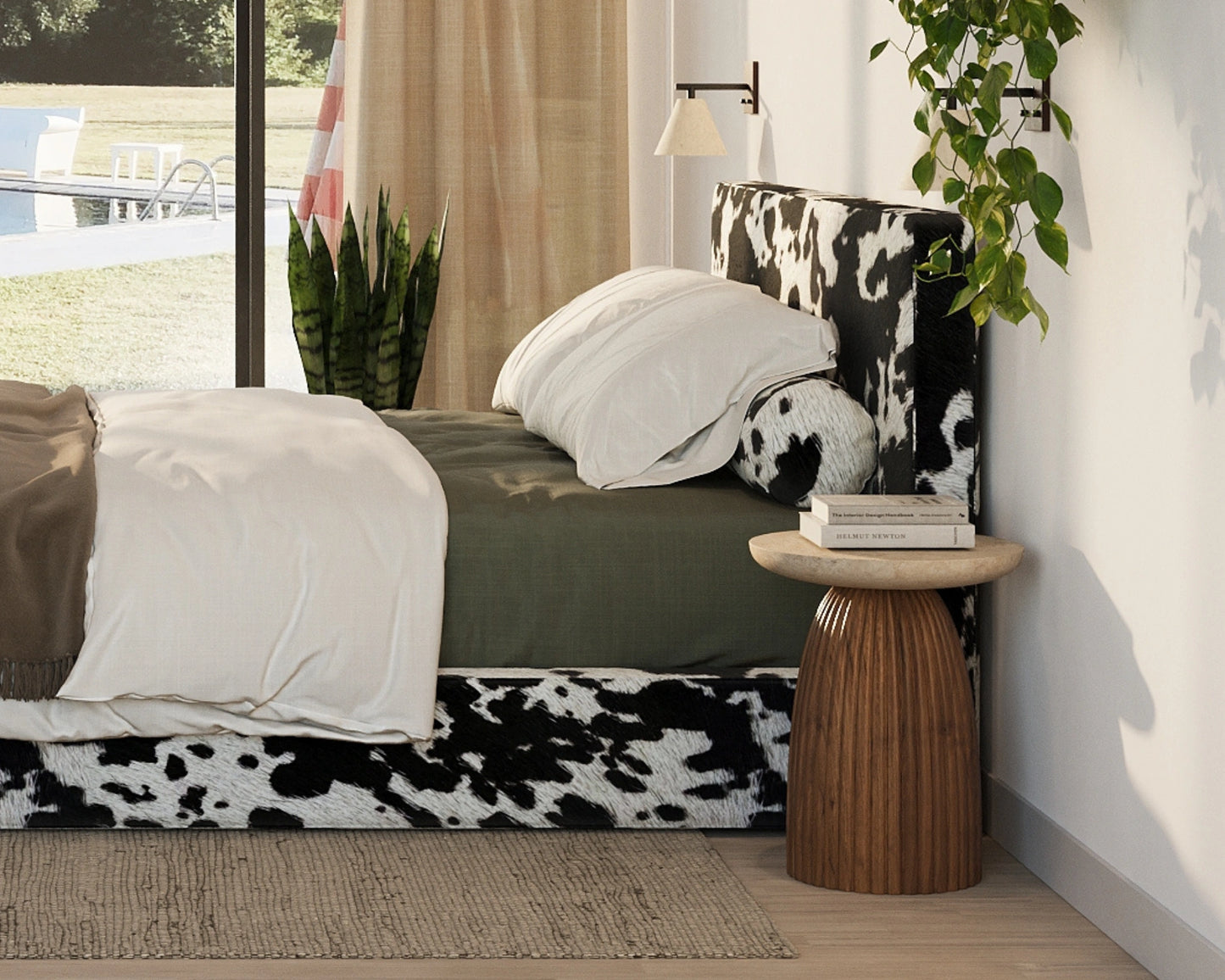 Vegan cowhide all cushioned headboard in a minimalist bedroom with a pool view