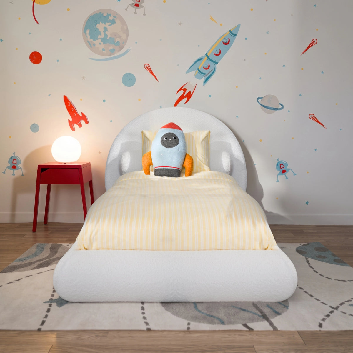 Boucle white all cushioned bed set from softframe designs in a space decorated room with spaceship wall decal and yellow bed sheets