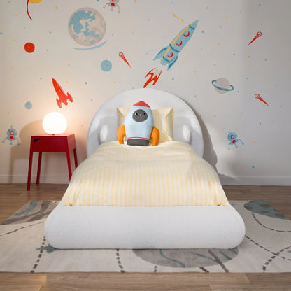 Boucle white all cushioned bed set from softframe designs in a space decorated room with spaceship wall decal and yellow bed sheets