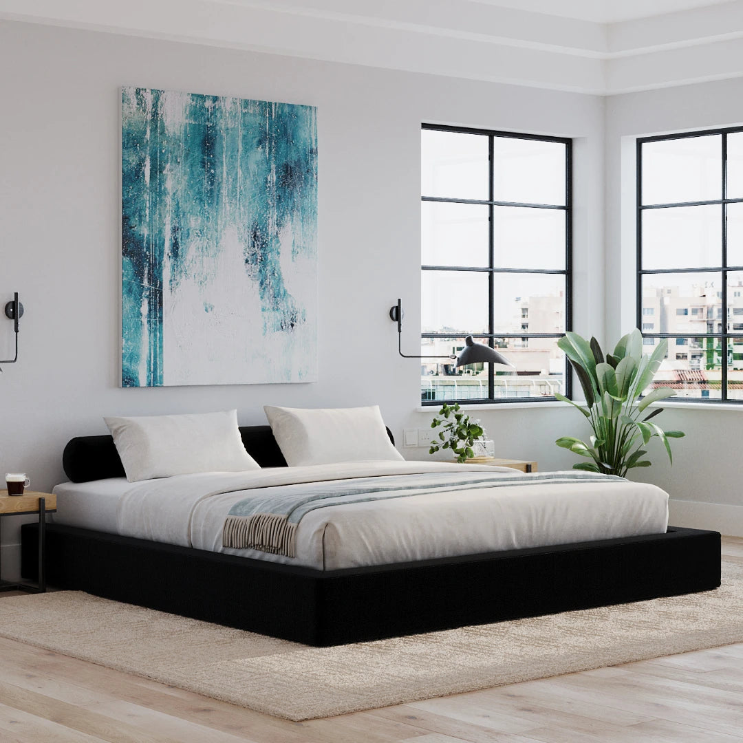 Cloud bed | Ultra bed frame in Onyx | All cushioned bed set | 3/4 view | SoftFrame Designs