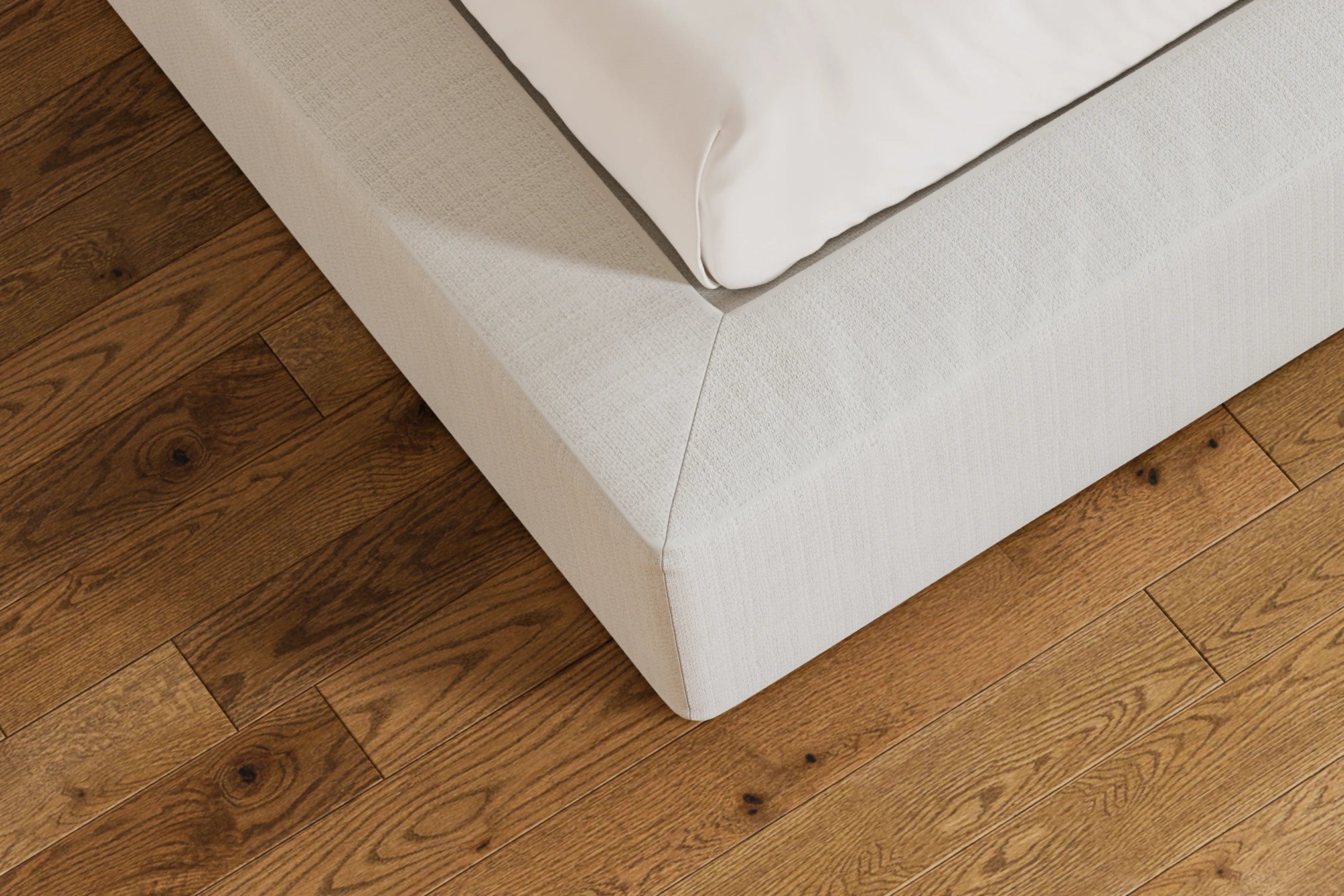 White soft bed frame corner close up | SoftFrame Designs