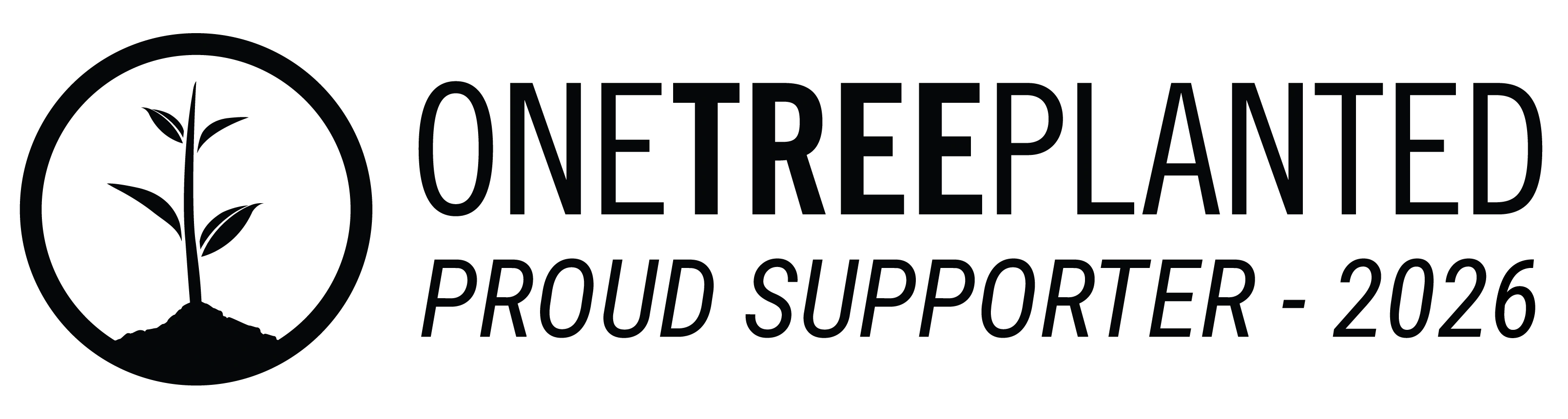 Logo for 'Proud Supporter of OneTreePlanted 2026' with a tree icon.