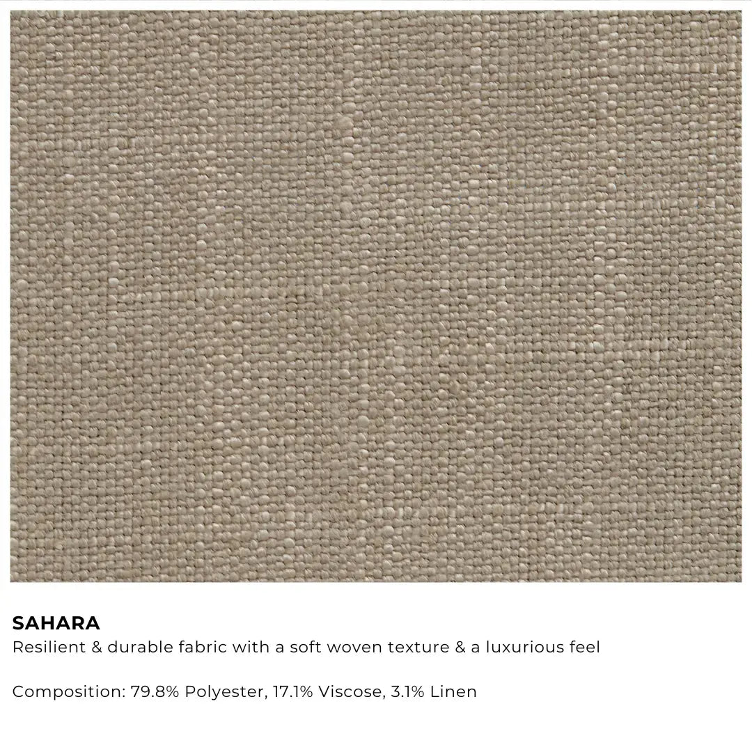 Textured fabric swatch labeled 'Sahara' with material composition details | Sahara Tan Swatch | SoftFrame Designs
