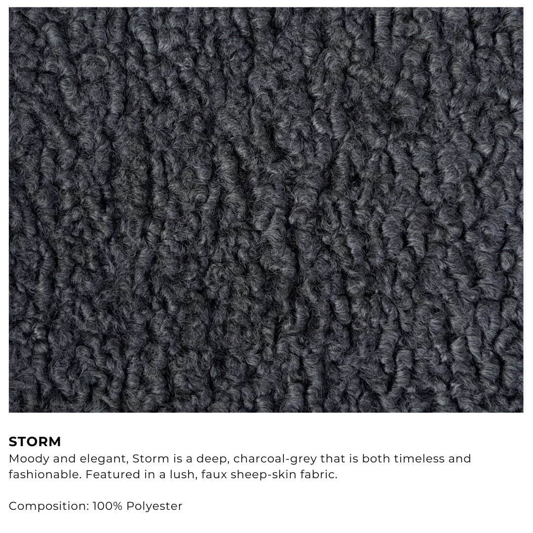 Textured dark gray fabric with product description and composition details | Storm Swatch | SoftFrame Designs
