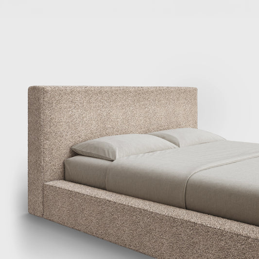Ultra Headboard | Fully Cushioned Rectangular Headboard |  Teddy Light Brown Boucle Fabric | ¾ View | SoftFrame Designs