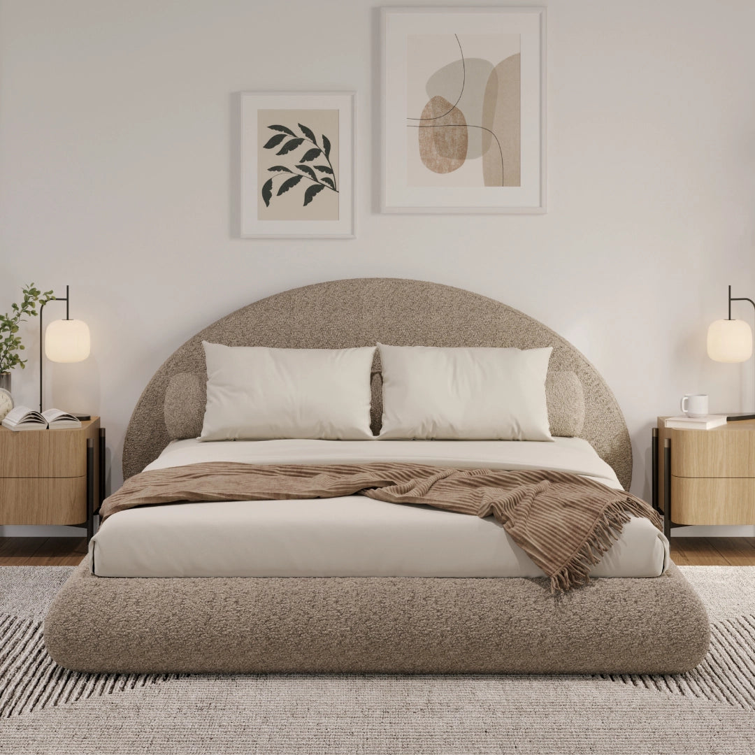 A cozy room with a brown boucle all cushioned bed set from softframe designs. The room is decorated in neutral furniture giving it a modern minimalism style. 