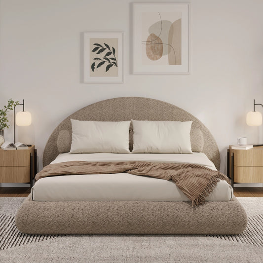A cozy room with a brown boucle all cushioned bed set from softframe designs. The room is decorated in neutral furniture giving it a modern minimalism style. 