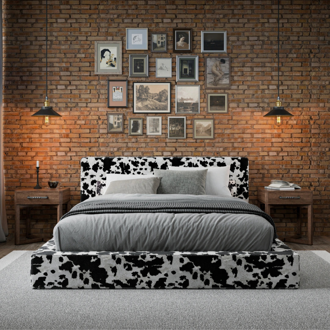 SoftFrame Designs | Cloud bed frame| All cushioned bed frame| Vegan Cowhide | Black and white| Front view| Upholstered bed|