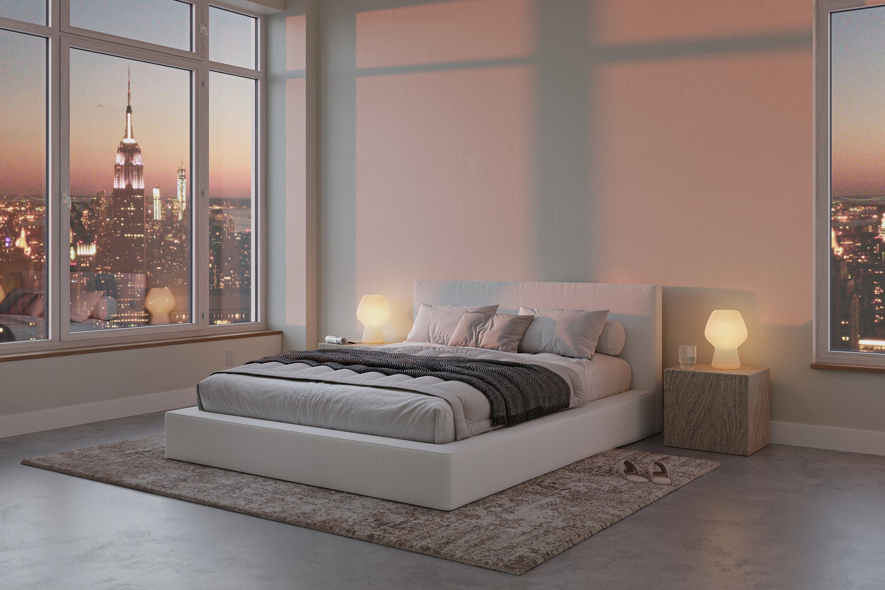 Modern bedroom with a large window view of a city skyline | Ultra Set in White | SoftFrame® Designs