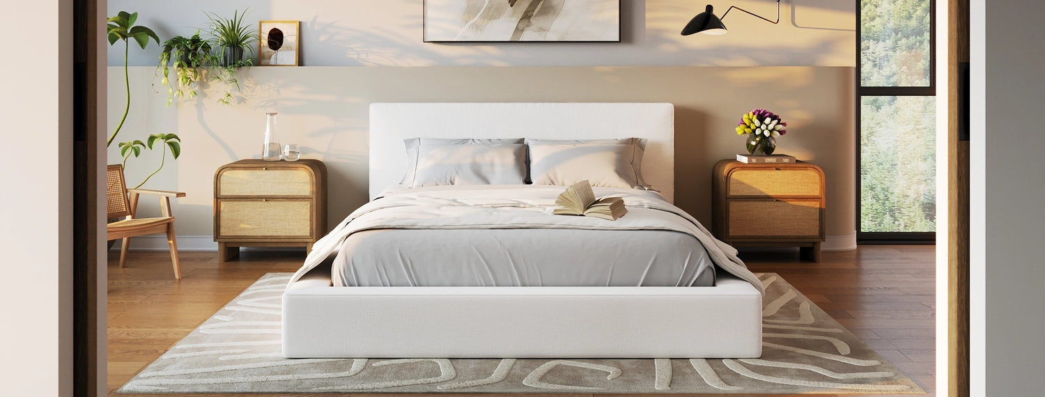 Modern minimalist room| White bed frame| All cushioned bed frame| Cloud bed| Front view bed frame| SoftFrame Designs