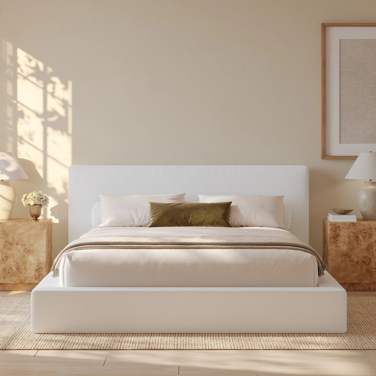 All cushioned bed frame| SoftFrame Designs| Ultra set in White| Front view angle|